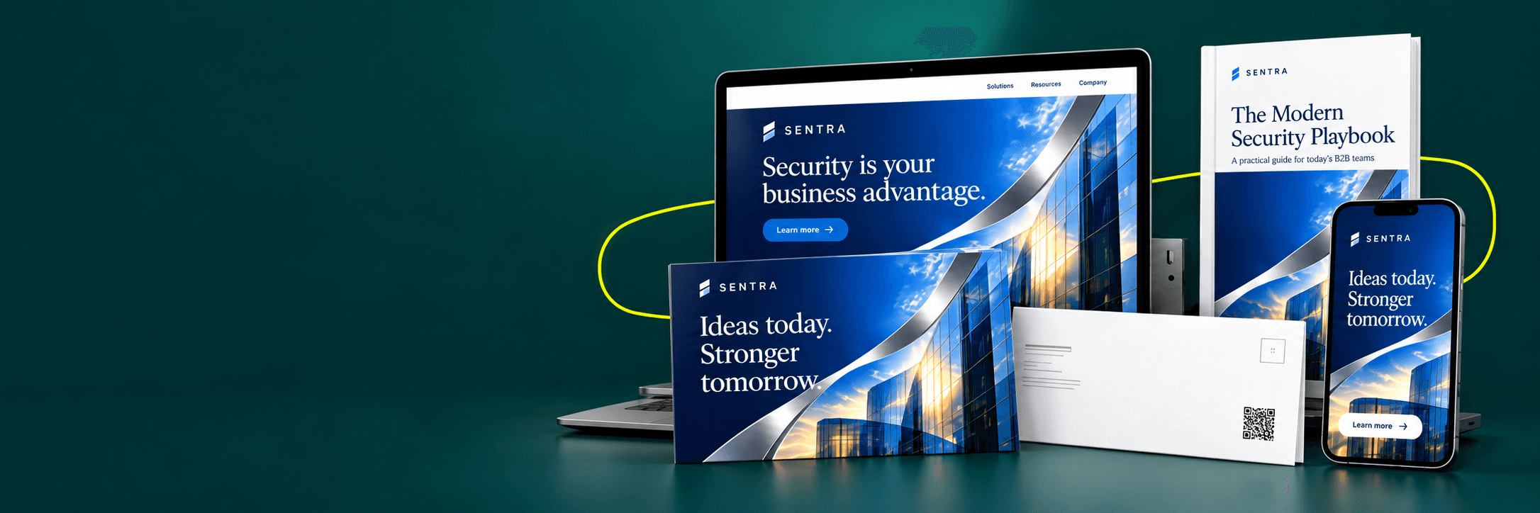 SENTRA concept campaign with a laptop landing page, security playbook, direct-mail front and reverse, and mobile creative.
